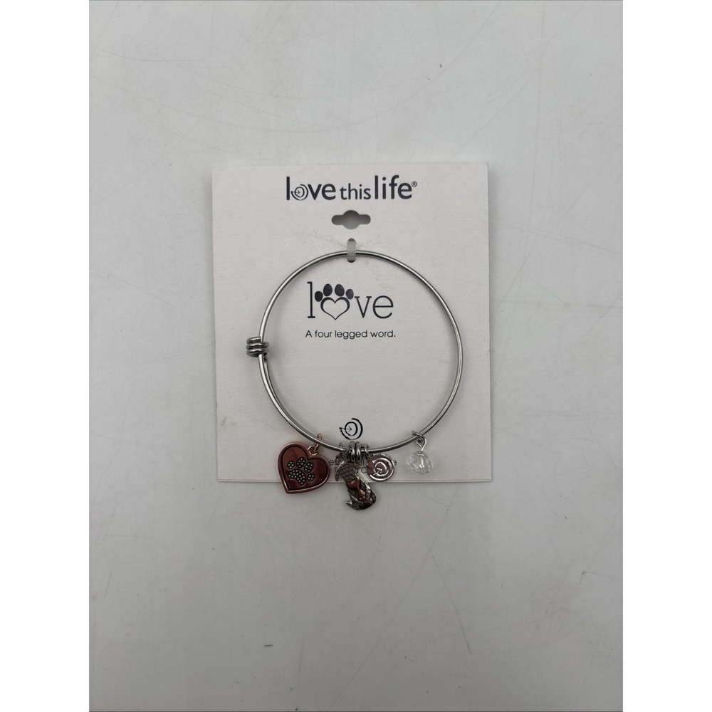 Vintage Love This Life Stainless Steel Puppy Dog Heart Paw Bangle Charm Bracelet